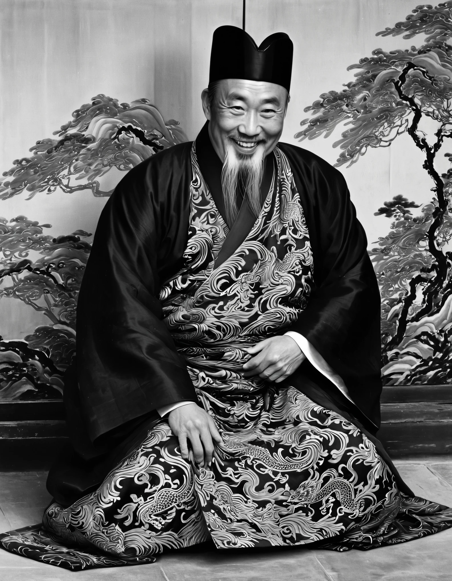 The black white painting style of the great painter Zhang Xuan of the Tang Dynasty, A portrait of a king of the Tang Dynasty, depicting the Tang Dynasty Emperor Li Longji in old age, wearing a black white dragon robe, a long white beard, smiling, hugging a palace maid tightly, a close-up of the character's upper body, and a detailed description of the deep palace in the background imperial court, UHD