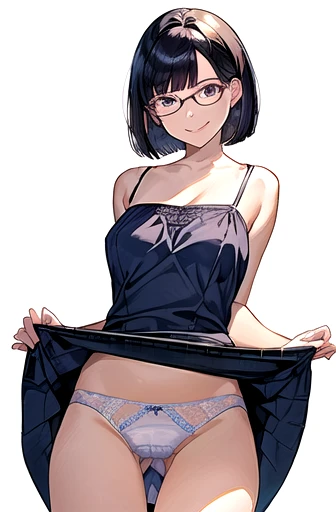 (masterpiece), (8k, best quality, high resolution), (ultra-detailed, realistic), (anatomically correct),
((from head to thighs)), (Standing), (No background),
(1woman), (looking at viewer), ((Pick up the hem of the dress with both hands so that your navel is visible)), ((show all the navel)), (A Japanese woman, 30 years old and 155cm tall),
(black hair), (straight hair), (short hair style), ((bob cut)), (hair behind ears),
(wear glasses), ((black cell frame glasses)),
((Wear a navy blue spaghetti strap dress)), ((Mini length dress with a simple design and minimal decoration)),
(wear panties), ((white panties)),
(Create a detailed image of the eye),
(Her impression is pure, clean and kind.),
((A captivating smile, just showing a few teeth.)),