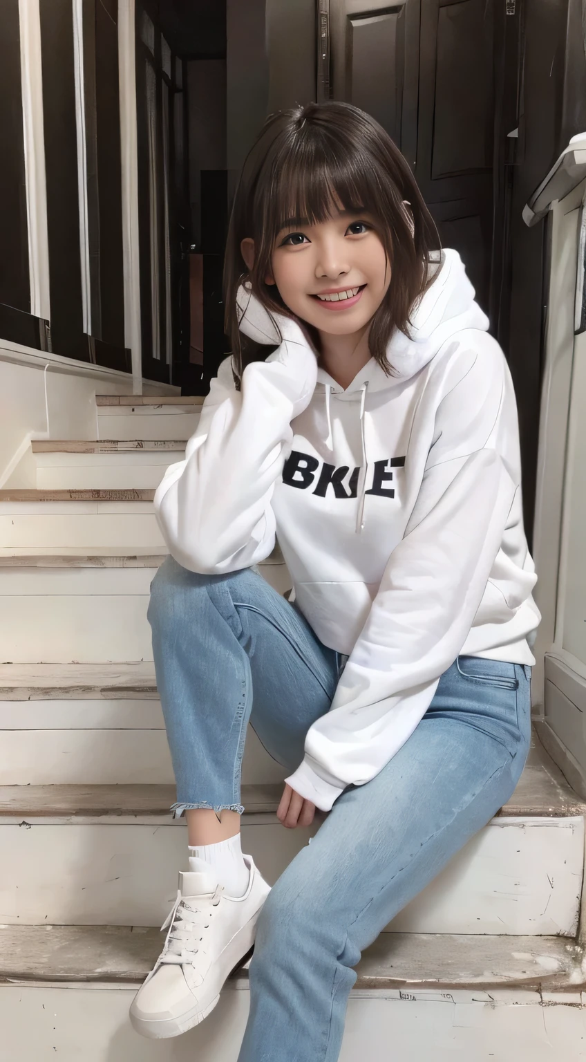 highest quality, Realistic, Very detailed, Finer details, High resolution, 8k wallpaper, One beautiful woman,Sit on the stairs、（Wear black socks）smile、（Beautiful teeth alignment、）（Gums are visible） Oversized hoodie, Skinny jeans,（ Black sneakers）、Black Hair、 Beautiful Bangs、ear piercing、Perfect dynamic composition, Beautiful and detailed, Full Body Shot, A big smile

