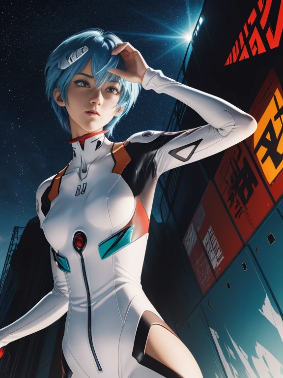 (Best Quality, masutepiece, Colorful, Dynamic Angle, highest details)(Rei Ayanami), Cowboy style, Fashion photo of a girl with flirting blue bob hair (Rei Ayanami), Detailed red eyes, Description Evangelion's White Suit (high resolution texture), in a dynamic pose, Bokeh, (Intricate details, hyperdetails:1.15), Detailed, sunlight passing through hair, Colorful splash art background, (High contrast, Evangelion New Theatrical Version Official Art, ighly detailed, highest details),