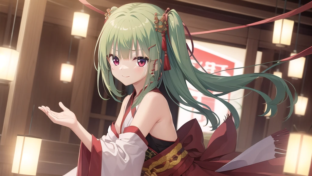 ((masterpiece)),(best quality),Official Art,Extremely detailed CG,Unity 8k Wallpaper,Super detailed,Beautiful and delicate eyes,Extremely detailed face,1 girl,solitary,,(whole body:1.5),(small:1.3),Smile,,Murasame,Very long hair,Green Hair,sides up,Purple bow,hairpin,Side Chain,Bangs,Red Eyes,Neck strap,Red belt,Aesthetic,Cloud sleeve hanfu,You don't have clothes?With the son。 Return to Han and Tang Dynasties,Jiao Zheng Palace Merchant。 A sleeve lightly raised,A dance adds fragrance。 A play of coolness,A tear of makeup。 Han Dynasty Clothes,Long history。 The best country in clothing,A country of courtesy and righteousness。