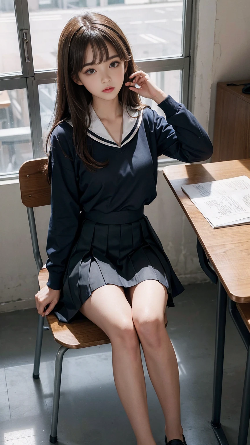 ((masterPageiece, best quality)),best aesthetics,1 Girl, Uniforms, table, sit, school table, brown hair, classroom, long hair, indoors, Chair, looking at the audience, :Page, Focus only, Brown eyes, skirt, Long sleeve, Pageencil, , Pageencil case, PageaPageer, Black Seto, multiPagele girls, Pageleated skirt, Sailor collar, Bangs, Headrest, bag, school Chair