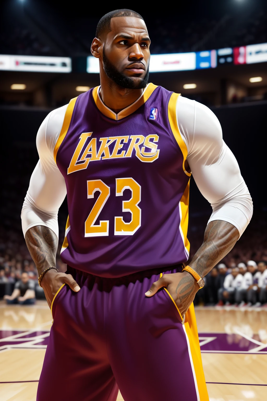 Photo of a towering basketball icon, LeBron James, raw, Muscular man, (Giant stature), ((Portrait)), ((Detailed face:1.2)), ((detailed facial features)), finely detailed skin tone, dark complexion, wearing a tight letterman jacket, highlighting his enormous bulging biceps, ((arenas background:1.37)), basketball court, ((sports equipment:1.2)), basketball in hand, spotlight, ((sports uniform:1.3)), ((detailed clothes:1.3)), ((basketball shoes:1.15)), (high contrast), photorealistic, photo, masterpiece, realistic, realism, photore