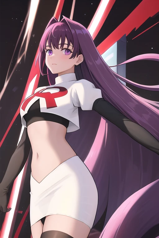 veyle_engage, 1girl, purple eyes, solo, team rocket,team rocket uniform,white skirt,red letter R,crop top,black thigh-highs,black elbow gloves