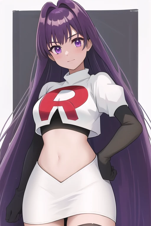 veyle_engage, 1girl, purple eyes, solo, team rocket,team rocket uniform,white skirt,red letter R,crop top,black thigh-highs,black elbow gloves