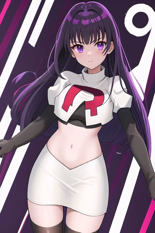 veyle_engage, 1girl, purple eyes, solo, team rocket,team rocket uniform,white skirt,red letter R,crop top,black thigh-highs,black elbow gloves