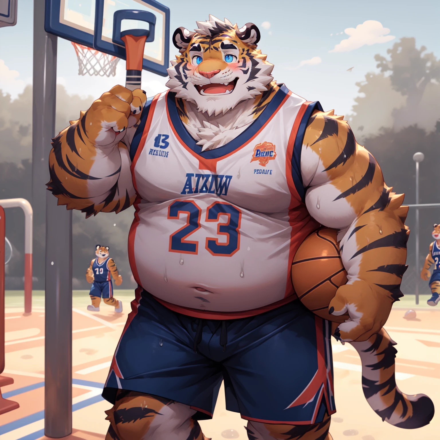 New Jersey 5 Furry,Tiger,Chubby,Fat,Thick arms,Rugged muscles,shorts,Plush fur,Chubby脸,Black eyebrows,Sky blue eyes,Beard,(White basketball jersey), (On the playground),Sports field background,(happy eyes:1.2),(Holding a basketball:1.5),blush,Smile,Sweating