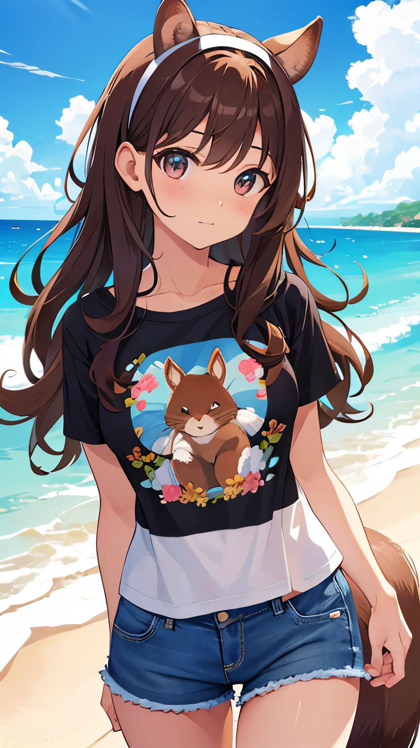 brown hair, curly hair, hairband, squirrel ears, small squirrel tail, Art Deco, sparkle, symmetry, pov, anatomically correct, textured skin, high details, best quality, super detail, ((printed t-shirt)), Hawaii, Waikiki Beach, blue sky, denim shorts