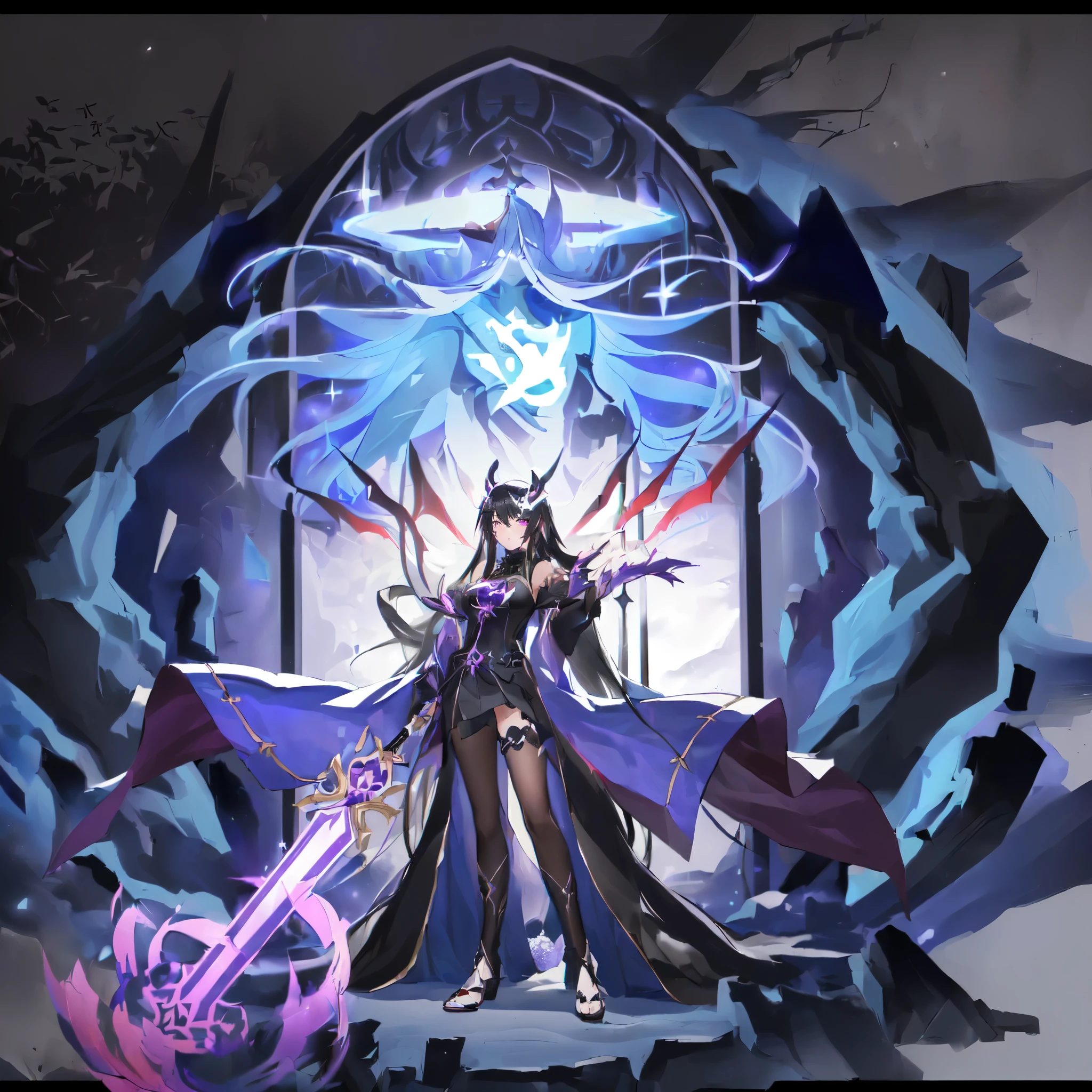 (((1 girl))),Anime Goddess,((Black long hair)),((Purple dress)),Anime character holding a sword, 8k HD wallpaper jpeg artifact, 8K HD wallpaper JPEG artifact, Mysterious art style, drawn in mystical style, Lich Demon Mage Class, Highly detailed official artwork