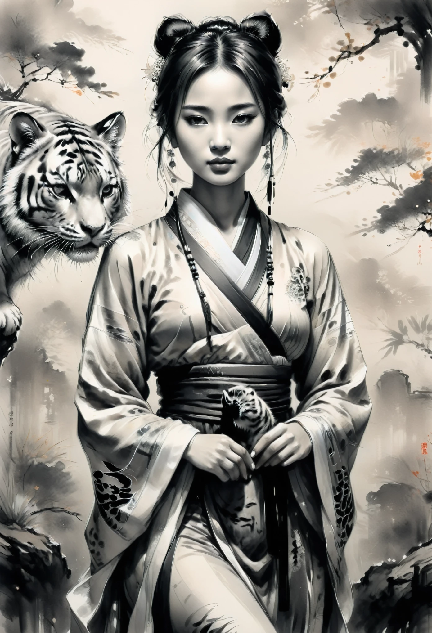 a Chinese girl with a little tiger,hanfu, Ink style painting, black and white,Ink Style Figure, warm atmosphere, minimalism, monochrome, Grayscale, clear lines, (best quality, masterpiece, Representative work, official art, Professional, Ultra high detail, 8k)
