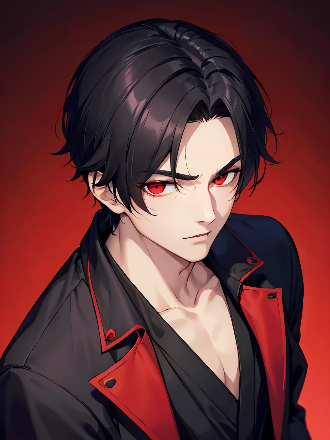 1boy,handsome,Short black hair, red eyes, side parted hairstyle, vampire, handsome, vampire clothes,Black robe, looking away, close up photo