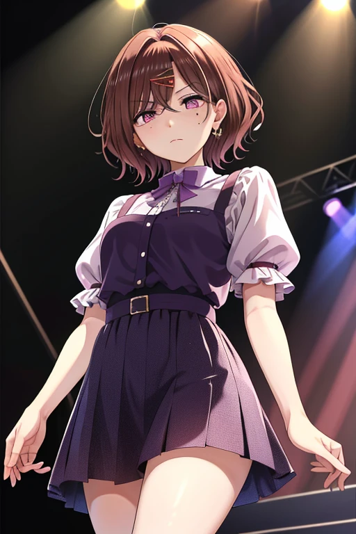 Best quality, higher, 1 Girl, Higuchi Madoka, Brown hair, Moles under the eyes, Hair accessories, Hairpin, Short and delicate hair, By Bangs, Purple Eye, Cowboy lens, thigh,, frown, On stage,, Poker face,