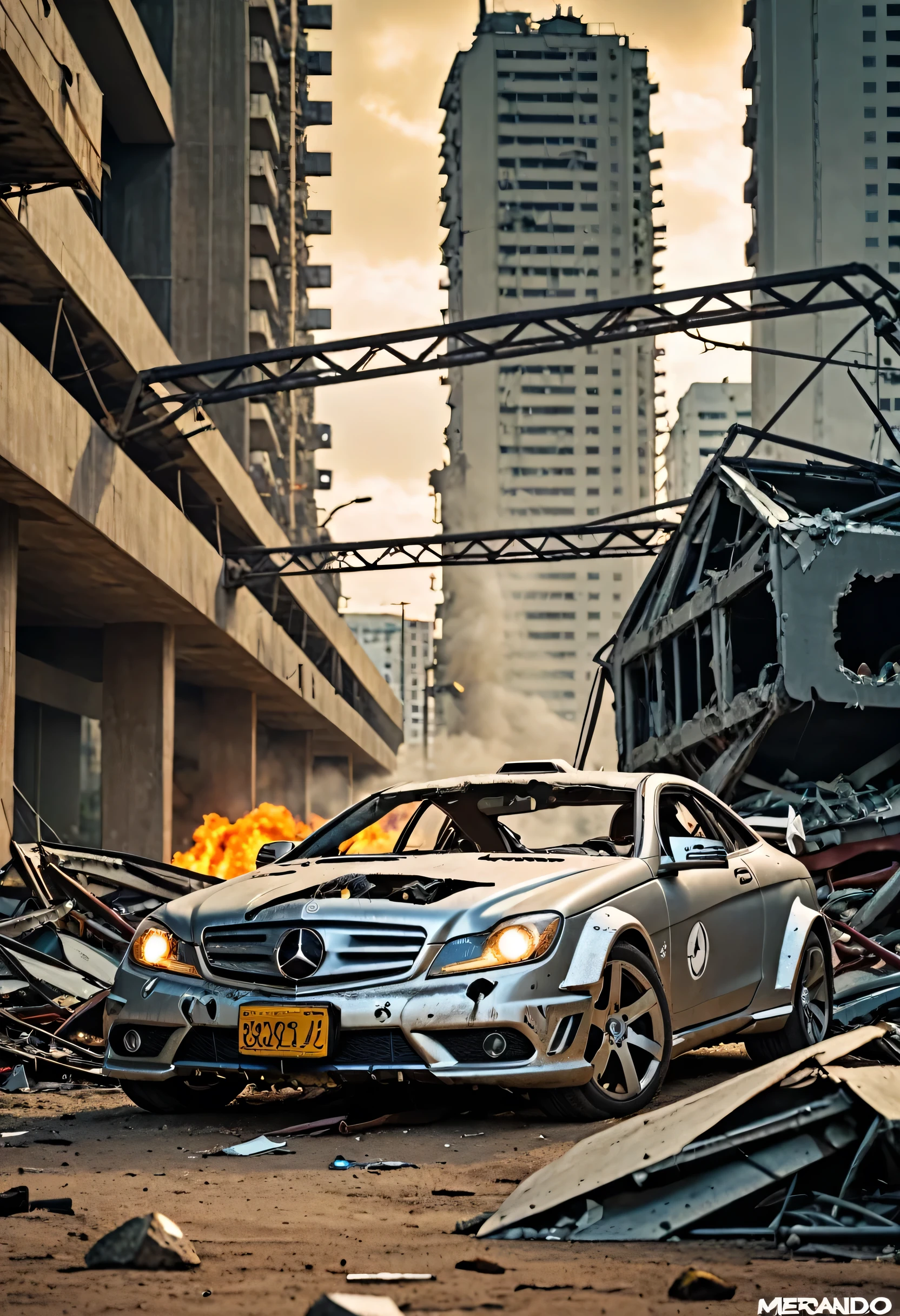 cinematic film still a futuristic cyberpunk, 2010 Mercedes c-180 sports car in a city destroyed after a nuclear explosion . Profundidade superficial de campo, vinheta, altamente detalhado, high budget, Bokeh, cinemascope, temperamental, epic, Maravilhoso, film grain, granulado, fotografia de alta qualidade, 3 point lighting, piscar com softbox, 4k, Canon EOS R3, HDR, suave, sharp focus, high resolution, foto premiada, 80mm, f2.8, Bokeh , indefinido