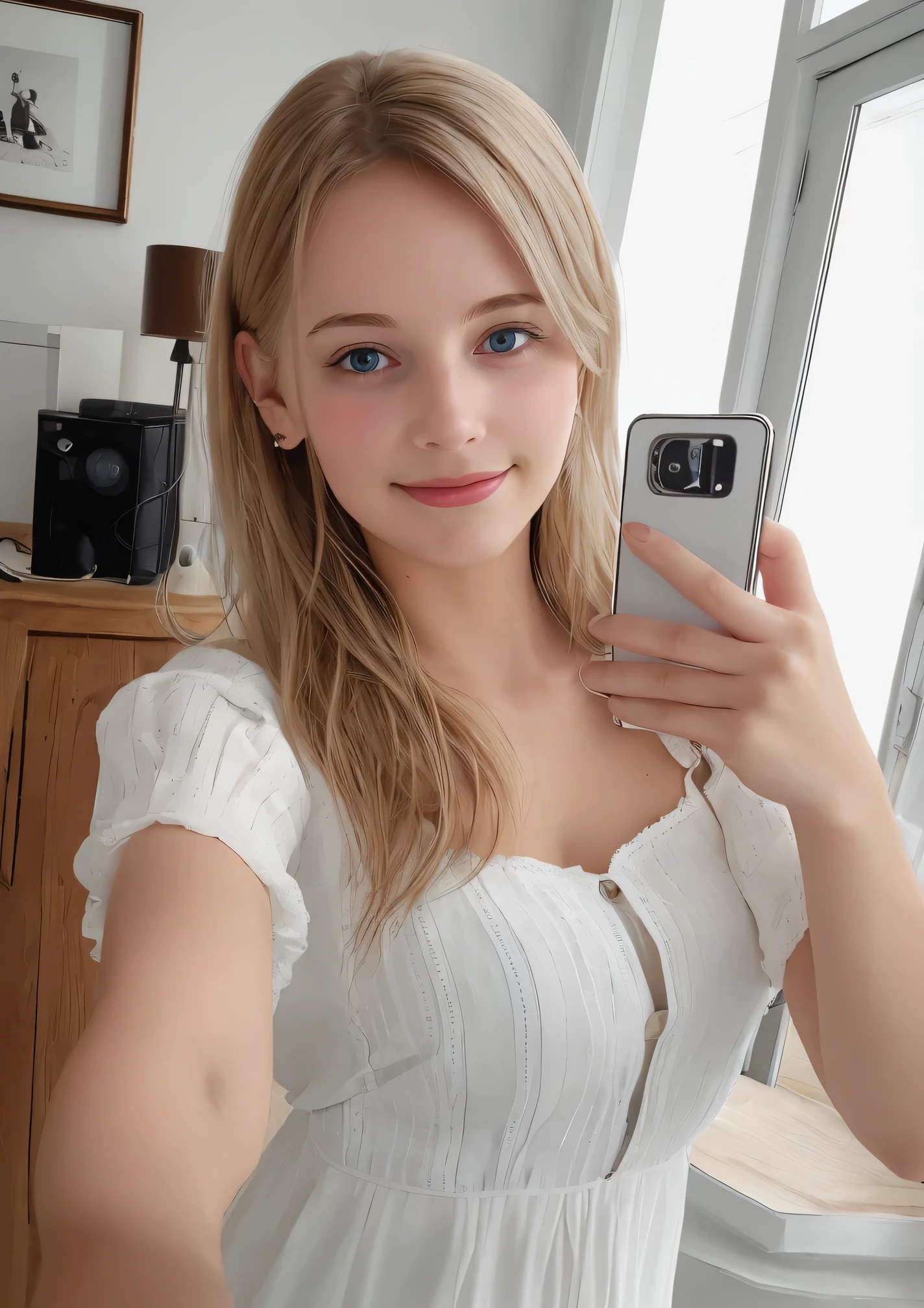 Beautiful young woman taking a selfie, Taken with iPhone camera、Swedish beauty