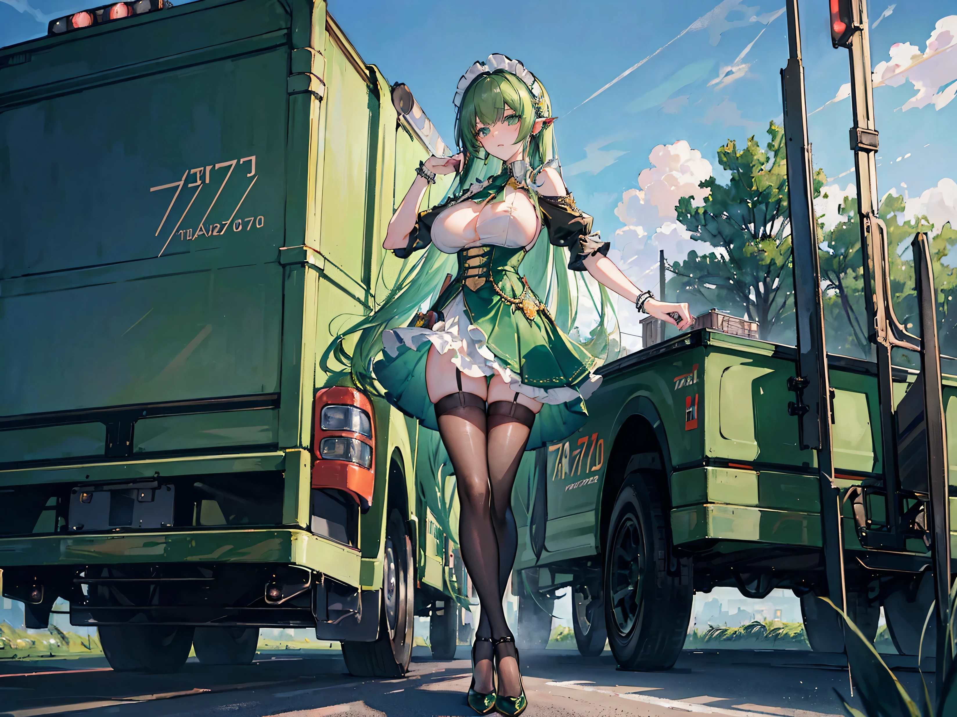 (masterpiece, top quality, best quality, official art, beautiful and aesthetic:1.0), (8k, best quality, masterpiece:1.2), very long hair, full body, (large breasts:1.4), very long hair, high heels, black thighhighs, micro skirt, green hair, tall girl, maid dress , (maz-7310 truck:1.6)