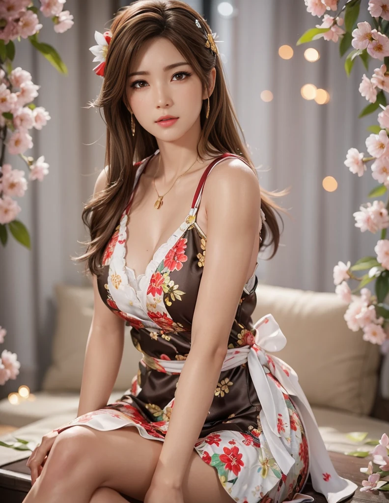 nsfw,8k,best quality, masterpiece, ultra high res, (photorealistic:1.4), RAW photo,20yo,(Cute college girl:1.3),Japanese people,(((Cute Idols))),1woman,gyaru,makeup,(lipstick:1.1),(eyeliner:1.2),mascara,eyeshadow, glamor, large breasts:1.0,blonde hair and brown hair,,blonde hair,long hair,wavy hair,half-smile1.5,drill hair,half updo,side ponytail,chignon,bouffant,,slip dress,satin dress,(rose_print),(red cocktail satin dress),exclusive night club,siting leather sofa,champagne bottle,wine glass,full body shot,(from above),(leaning forward:1.3), (hands on knees:1.3),chest up