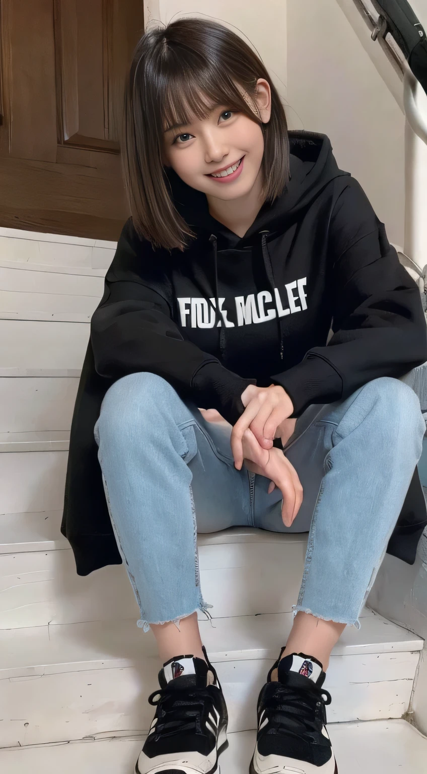 highest quality, Realistic, Very detailed, Finer details, High resolution, 8k wallpaper, One beautiful woman,Sit on the stairs、（Wear black socks）smile、（Beautiful teeth alignment、）（Gums are visible） Oversized hoodie, Skinny jeans,（ Black sneakers）、Black Hair、 Beautiful Bangs、ear piercing、Perfect dynamic composition, Beautiful and detailed, Full Body Shot, A big smile
