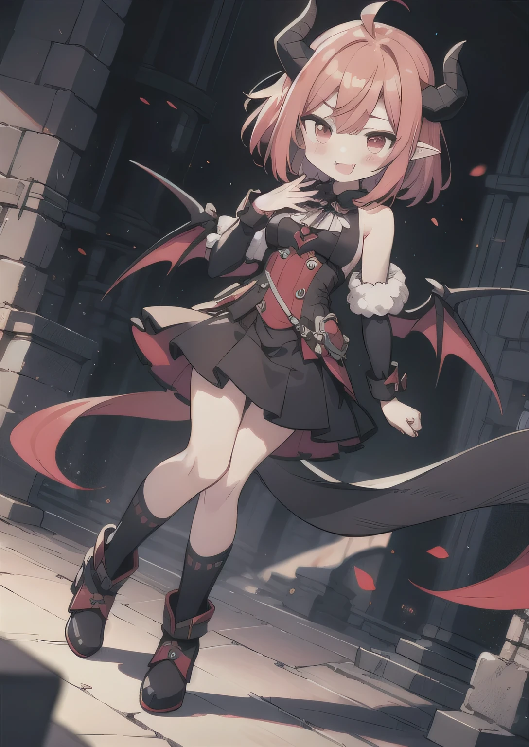 8K,  1girl, petit, adult, kawaii vampire, crimson hair, short hair, red eyes, fang, bat wings, smile, (blush), (shy), pointed ears, looking at viewer,  dynamic angle, wind, game cg, fantastic scenery, demon tail, thin tail, black horns, medium breast, show full body, magical girl, dungeons, summon, maho shojo