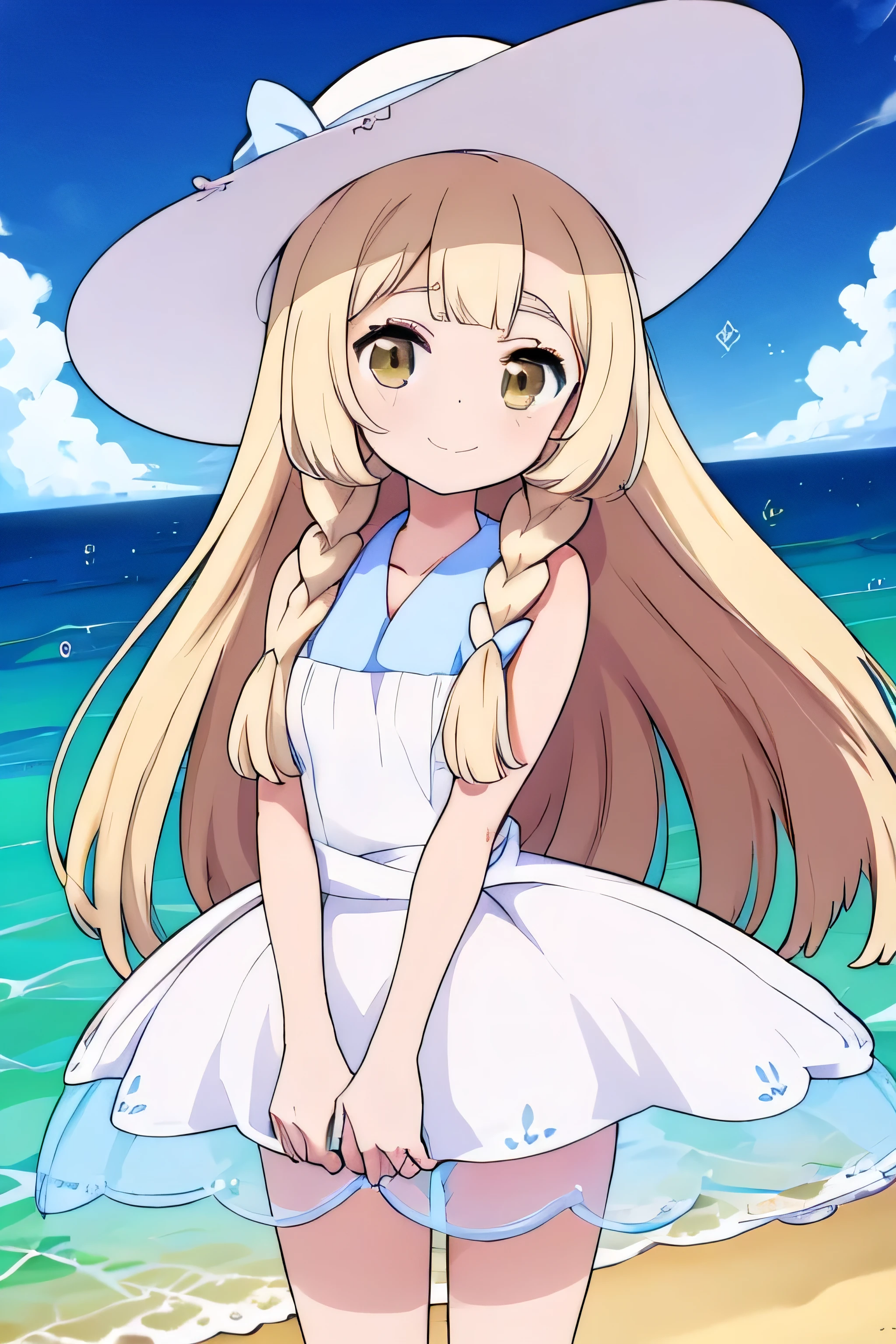 A girl with long hair with yellow heart-shaped bows forward with a fairly large white hat on her head with her hands clasped forward with both looking towards the viewer with a smile y detrás de ella de fondo una playa de día