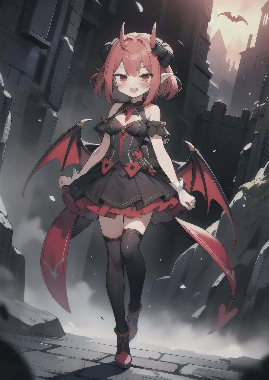 8K,  1girl, petit, adult, kawaii vampire, crimson hair, short hair, red eyes, fang, bat wings, smile, (blush), (shy), pointed ears, looking at viewer,  dynamic angle, wind, game cg, fantastic scenery, demon tail, thin tail, black horns, medium breast, show full body, magical girl, dungeons, summon, maho shojo