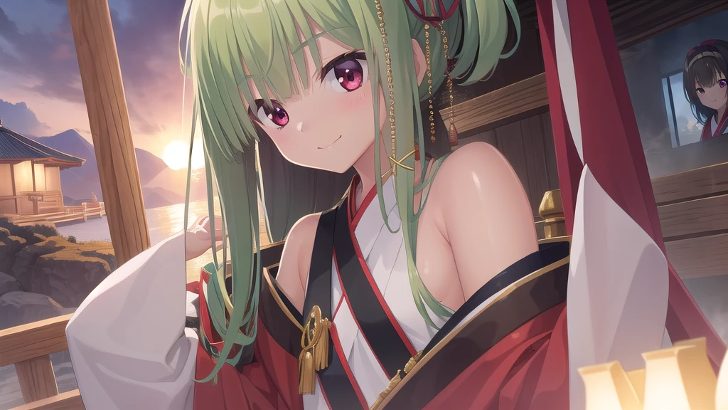 ((masterpiece)),(best quality),Official Art,Extremely detailed CG,Unity 8k Wallpaper,Super detailed,Beautiful and delicate eyes,Extremely detailed face,1 girl,solitary,,(whole body:1.5),(small:1.3),Smile,,Murasame,Very long hair,Green Hair,sides up,Purple bow,hairpin,Side Chain,Bangs,Red Eyes,Neck strap,Red belt,Aesthetic，Cloud sleeve hanfu，The brilliance of the cloth，The Beauty of Eryaobi。Jewelry wearing gold，Embellished with pearls to shine on the body。Practice the literature of the long journey，The light coat of the mist。