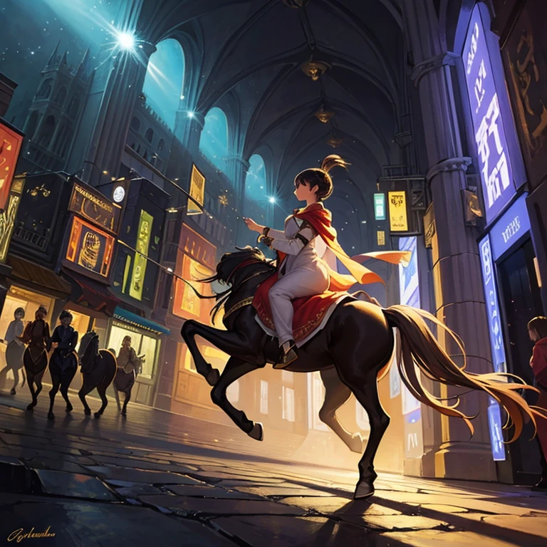 A fascinating fantasy painting of a young girl riding a majestic female centaur。,
The diverse women of Centaur. They are walking through the bustling city,
Complex architecture and brilliant lights. The girl's costume is a mix of medieval and modern styles.,
A loose dress decorated with gold accents、Wearing a trailing cape.
This female Centaur has a majestic appearance.,
This scene exudes a fascinating atmosphere.,
Make your audience feel like they're part of a magical adventure.