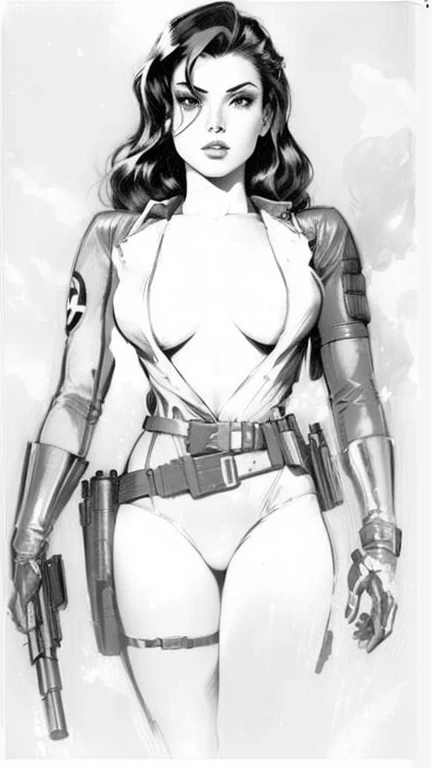 photorealistic shot of a woman with guns in her hands, female doc savage, inspired by Masamune Shirow, sardax, inspired by José Comas Quesada, mara jade, as a retro futuristic heroine, inspired by Wally Wood, by Otis Kaye, by Humberto Castro, by Evan Charlton, by Carlo Carlone, by Jack Boul, photorealistic, cinematic