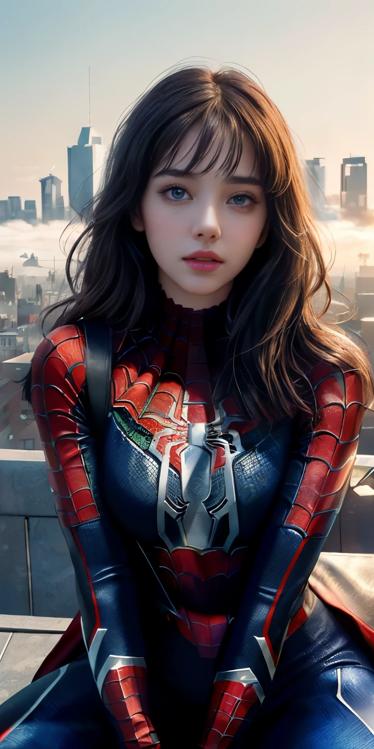 (1girl:1.3), Solo, (((Very detailed face)))), ((Very detailed eyes and face)))), Beautiful detail eyes, Body parts__, Official art, Unified 8k wallpaper, Super detailed, beautiful and beautiful, beautiful, masterpiece, best quality, original, masterpiece, super fine photo, best quality, super high resolution, realistic realism, sunlight, full body portrait, amazing beauty, dynamic pose, delicate face, vibrant eyes, (from the front), She wears Spider-Man suit, red and black color scheme, spider, very detailed city roof background, rooftop, overlooking the city, detailed face, detailed complex busy background, messy, gorgeous, milky white, highly detailed skin, realistic skin details, visible pores, clear focus, volumetric fog, 8k uhd, DSLR, high quality, film grain, fair skin, photo realism, lomography, futuristic dystopian megalopolis, translucent