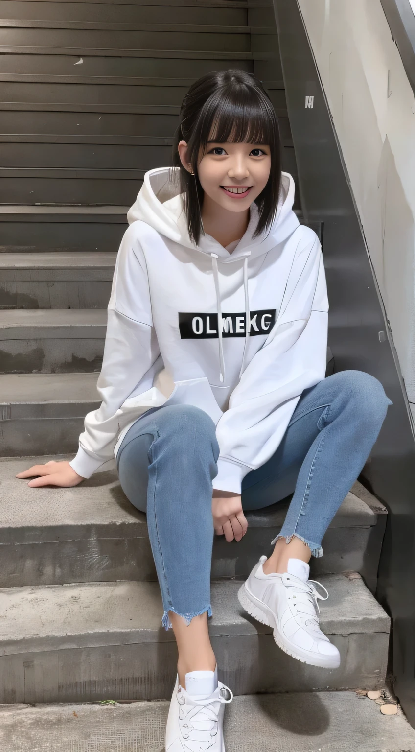 highest quality, Realistic, Very detailed, Finer details, High resolution, 8k wallpaper, One beautiful woman,Sit on the stairs、（Wear black socks）smile、（Beautiful teeth alignment、）（Gums are visible） Oversized hoodie, Skinny jeans,（ Black sneakers）、Black Hair、 Beautiful Bangs、ear piercing、Perfect dynamic composition, Beautiful and detailed, Full Body Shot, A big smile
