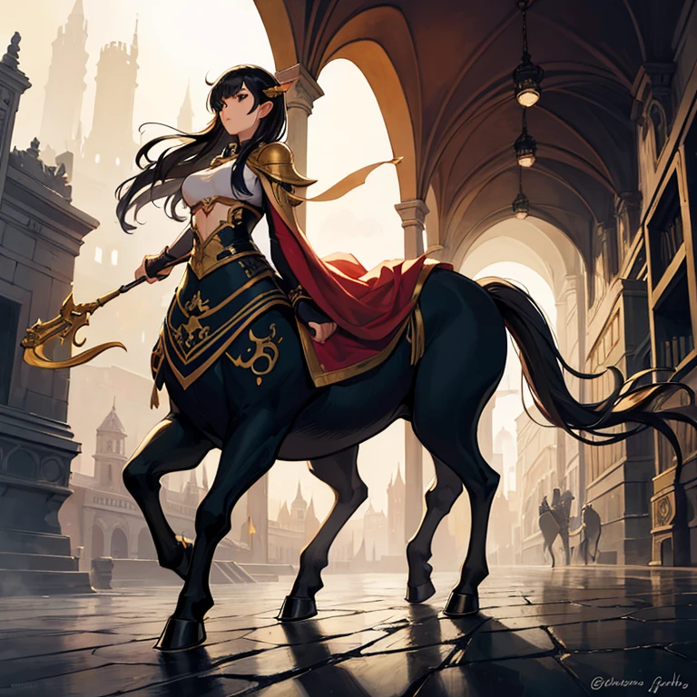 A fascinating fantasy painting of a young girl riding a majestic female centaur。,
 The diverse women of Centaur. They are walking through the bustling city,
 Complex architecture and brilliant lights. The girl&#39;s costume is a mix of medieval and modern styles.,
 A loose dress decorated with gold accents、Wearing a trailing cape.
 This female Centaur has a majestic appearance.,
 This scene exudes a fascinating atmosphere.,
 Make your audience feel like they&#39;re part of a magical adventure.