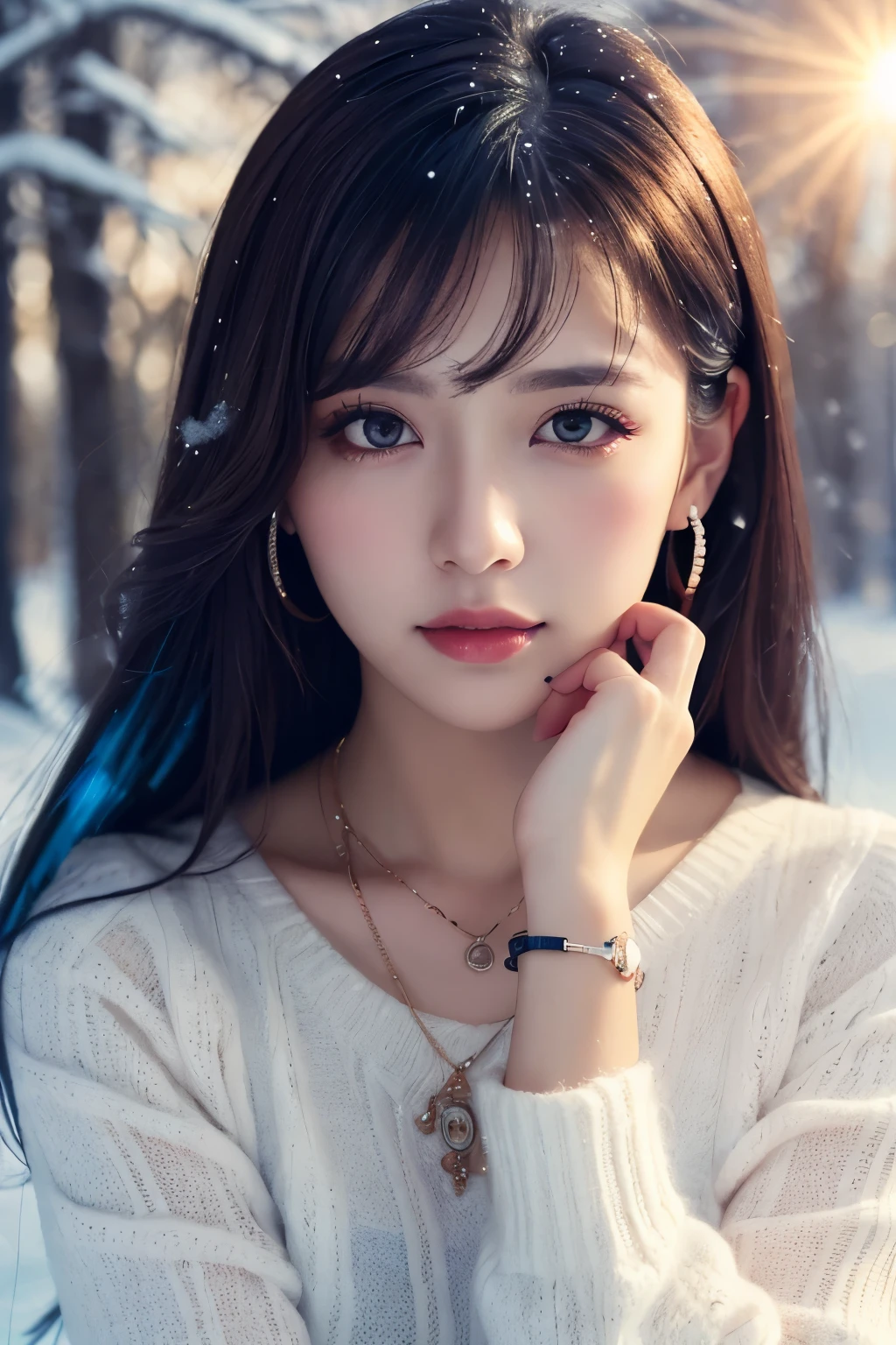 ((masterpiece)), ((highest quality)), (Super detailed), ((cute)), cute, (Lovely), ((sexy)), (device), ((Very detailed)), 4K, (8k), highest quality, (beautiful), figure, Dynamic Angle, In the middle, Cross your arms, city, forest, evening, winter, Beautiful woman, alone, Sacred clothing, beautiful blue hair, beautiful brown eyes, ((beautiful eyes)), Long Hair, lip, hair ornaments, Earrings, necklace, blush, Lens flare, Snow effect, Shiny