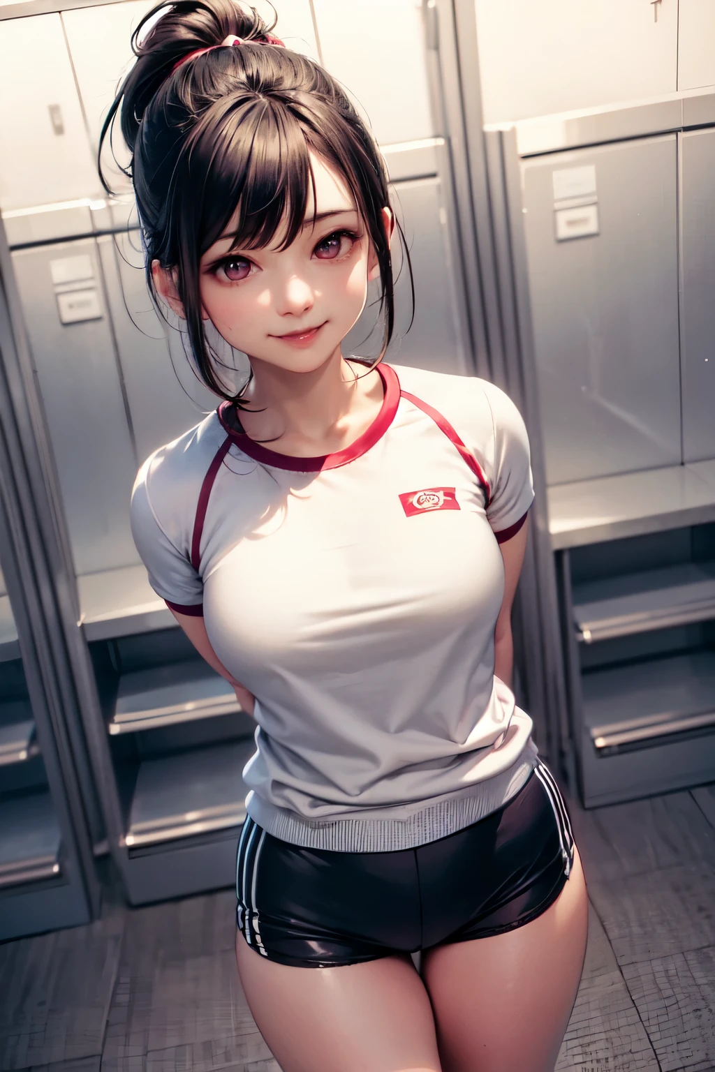 very cute and beautiful girl,(highly detailed beautiful face and eyes),(smile:1.2),happy,looking at viewer, (japanese ladies gym uniform),(bloomers),standing,arms behind back,detailed legs, locker room in training gym,black hair,hair band, (best quality,masterpiece),absurdres,highres,ultra-detailed,extremely detailed,32k,8k resolution, intricate details,cinematic scene,detailed background,solo,dynamic angle,