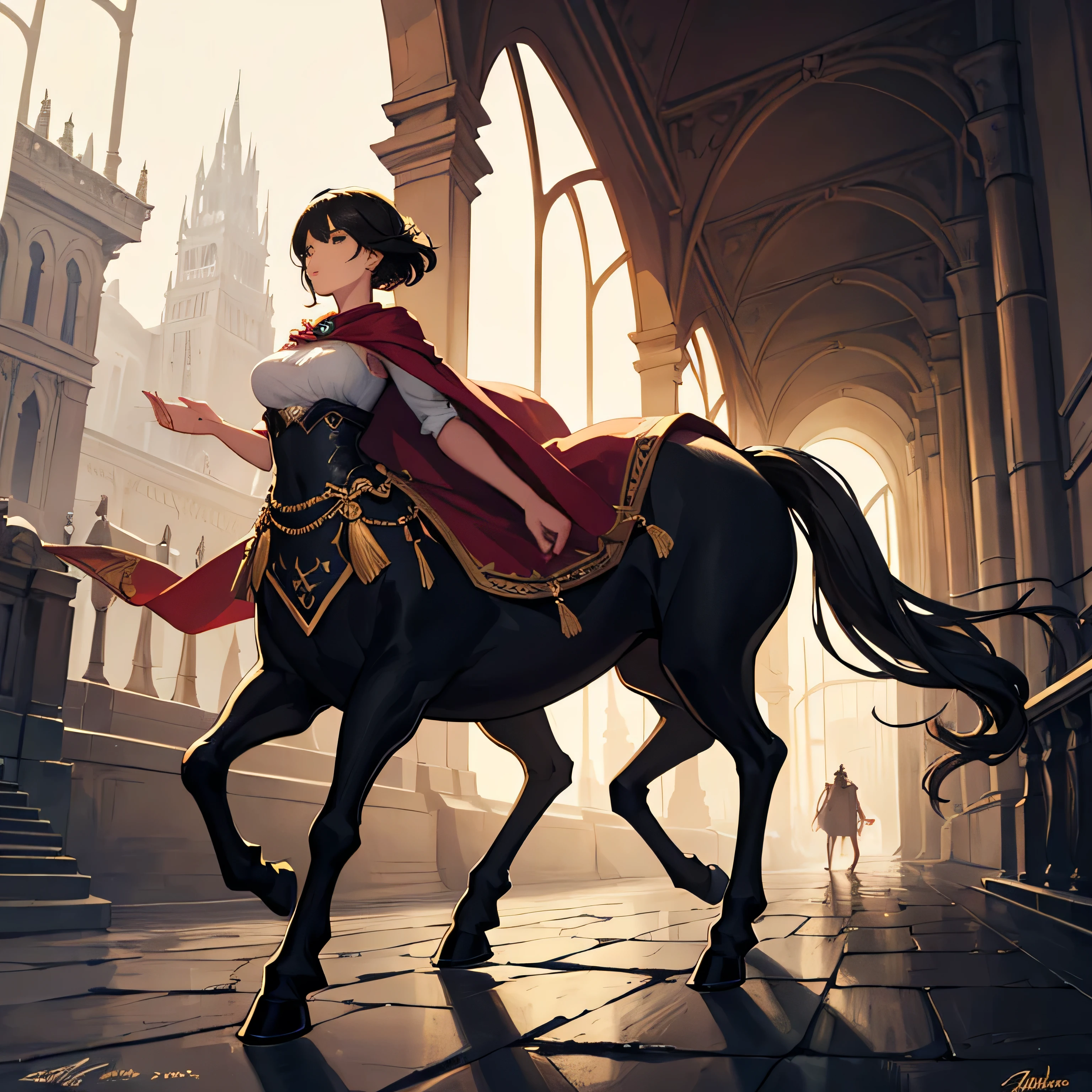 A fascinating fantasy painting of a young girl riding a majestic female centaur。,
 The diverse women of Centaur. They are walking through the bustling city,
 Complex architecture and brilliant lights. The girl&#39;s costume is a mix of medieval and modern styles.,
 A loose dress decorated with gold accents、Wearing a trailing cape.
 This female Centaur has a majestic appearance.,
 This scene exudes a fascinating atmosphere.,
 Make your audience feel like they&#39;re part of a magical adventure.