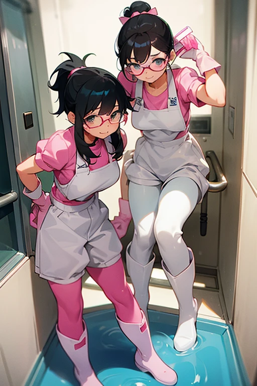 A pair of elementary school girls with glasses and black hair tied up in a ponytail, wearing white rubber boots, large pink rubber gloves, and gym caps, cleaning the water fountain with a smile on their faces.