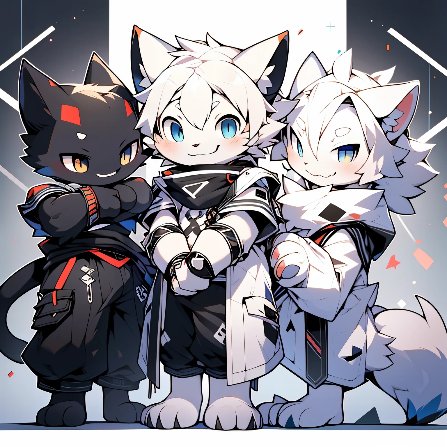 Cat Cat Man，White Hair，（Above the eyes and ears and tail），Smile，（（one person）），Standing，Four fingers，Black arc stripes on wrists，whole body