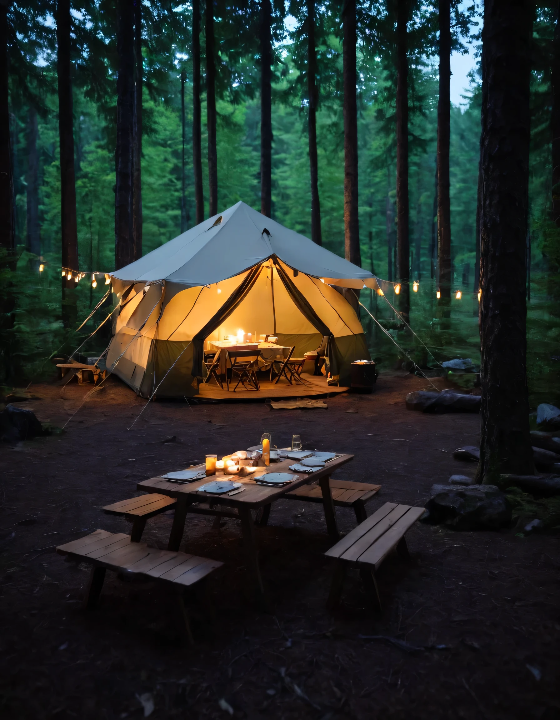 there is a tent and a table in the woods with a camp light, night outdoors, outdoors at night, camping, outdoors setting, evening!! in the forest, night setting, dusk setting, night in the forest, wilderness ambiance, detailed wide shot, in the woods at night, night outside, glamping, a wide full shot, camp, quiet forest night scene