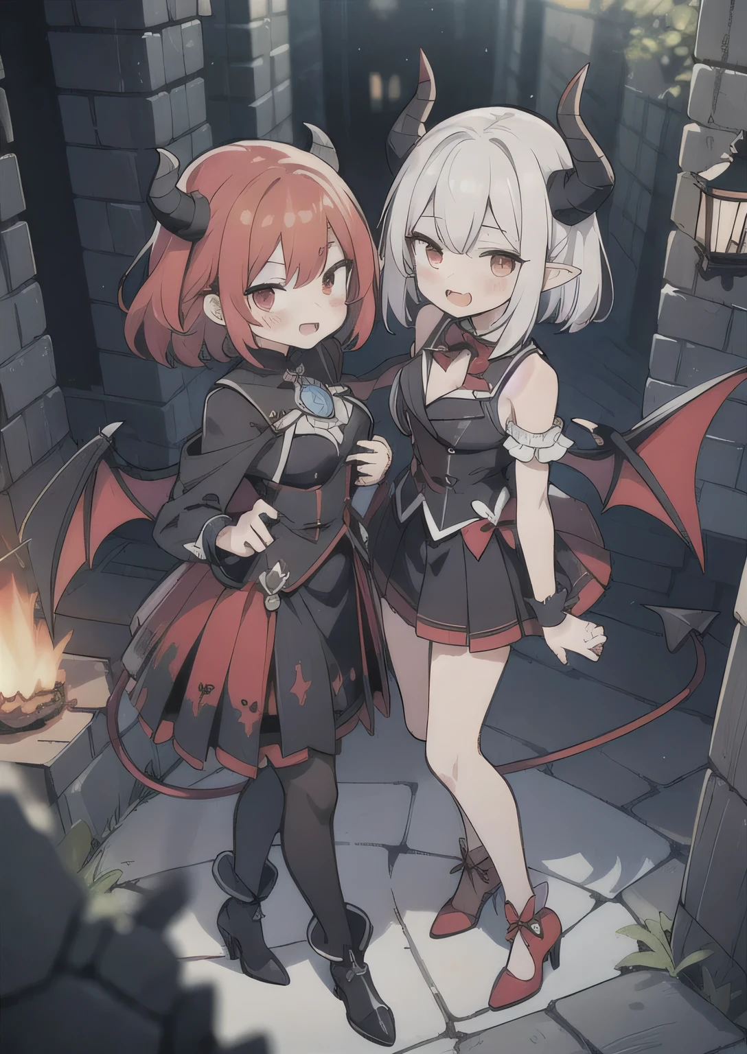 8K,  2girl, it, teeawaii vampire, crimson hair, short hair, red eyes, fang, bat wings, smile, (blush), (shy), pointed ears, looking at viewer,  dynamic angle, wind, game cg, fantastic scenery, demon tail, thin tail, black horns, medium breast, show full body, latex, sexy, dungeons, summon, magic, bulge, show bulge, swimsuit 