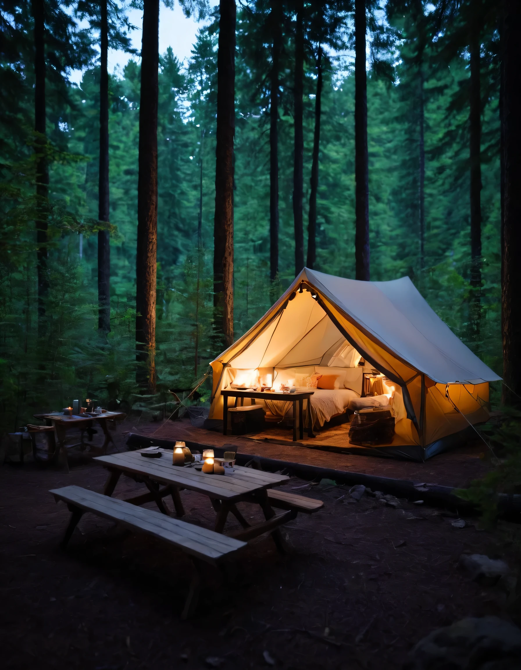 there is a tent and a table in the woods with a camp light, night outdoors, outdoors at night, camping, outdoors setting, evening!! in the forest, night setting, dusk setting, night in the forest, wilderness ambiance, detailed wide shot, in the woods at night, night outside, glamping, a wide full shot, camp, quiet forest night scene
