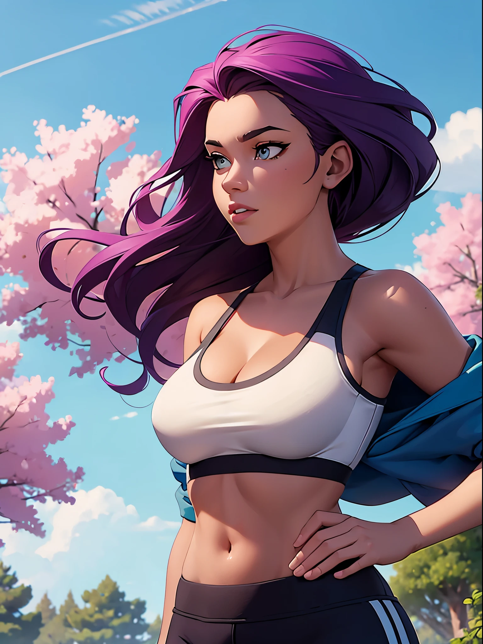 woman, cropped-fc, cleavage, sports bra, detailed face, colorful clothing, park, sky, trees