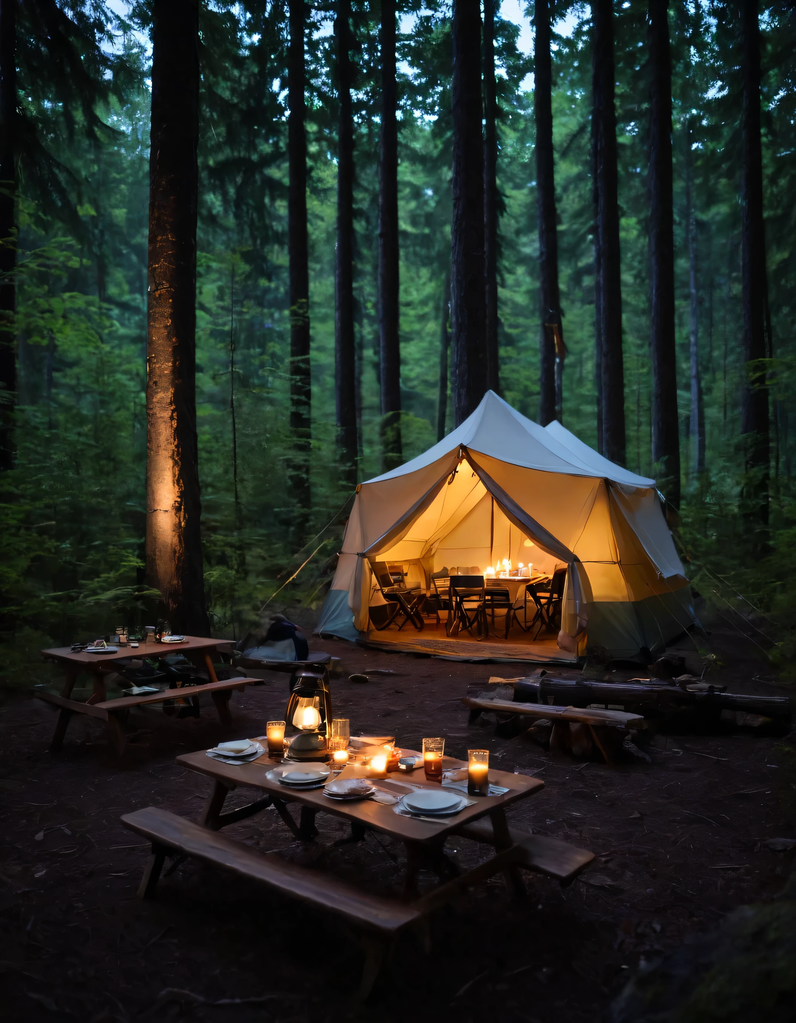 there is a tent and a table in the woods with a camp light, night outdoors, outdoors at night, camping, outdoors setting, evening!! in the forest, night setting, dusk setting, night in the forest, wilderness ambiance, detailed wide shot, in the woods at night, night outside, glamping, a wide full shot, camp, quiet forest night scene