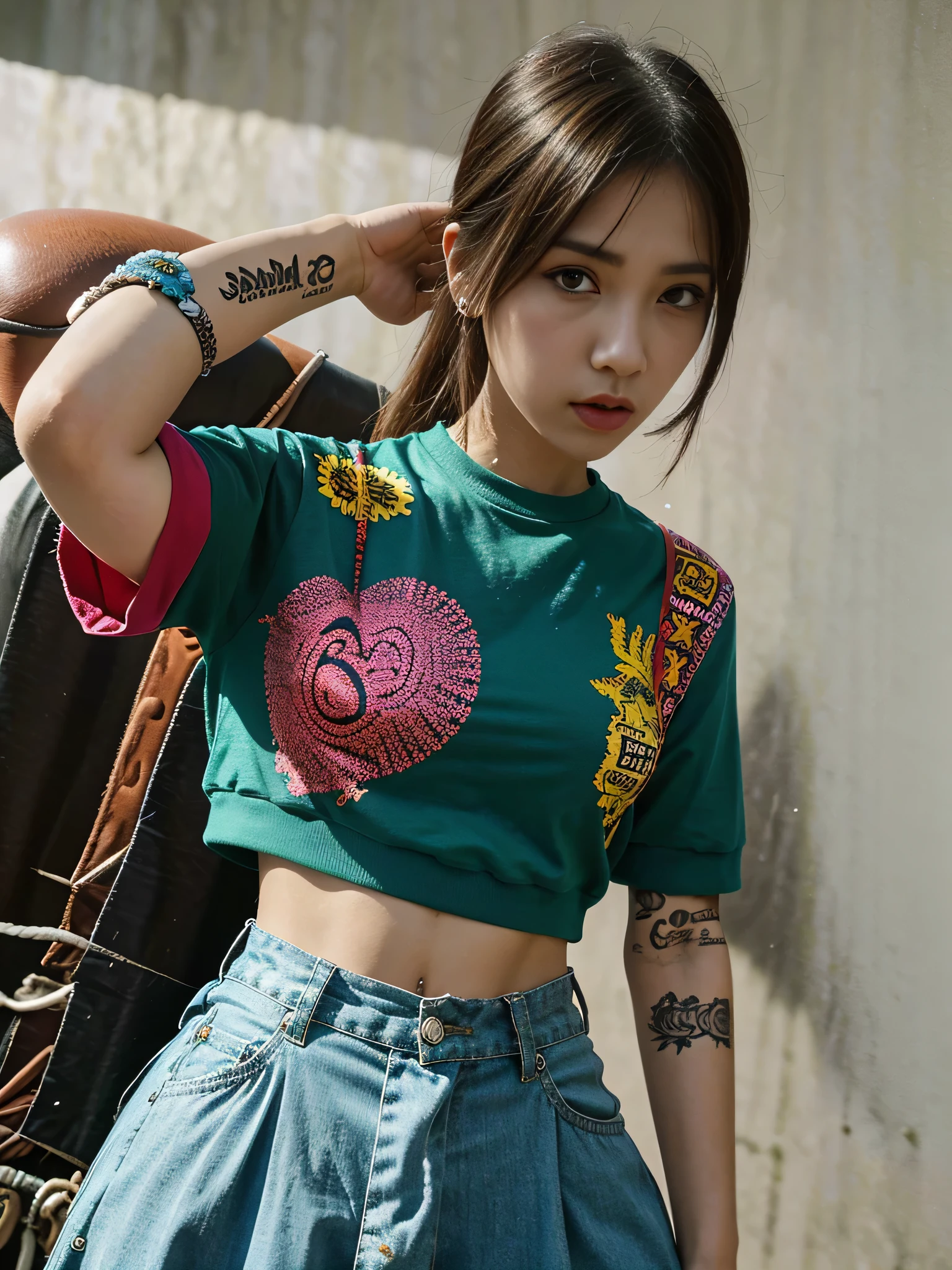 Garota coreana com aparentemente 17 anos com um estilo punk rock, cores de roupas pretas e correntes, garota se exibindo realista