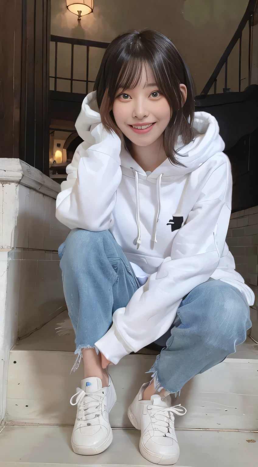 highest quality, Realistic, Very detailed, Finer details, High resolution, 8k wallpaper, One beautiful woman,Sit on the stairs、(Wear black socks)smile、(Beautiful teeth alignment、)(Gums are visible) Oversized hoodie, Skinny jeans,( Black sneakers)、Black Hair、 Beautiful Bangs、ear piercing、Perfect dynamic composition, Beautiful and detailed, Full Body Shot, A big smile