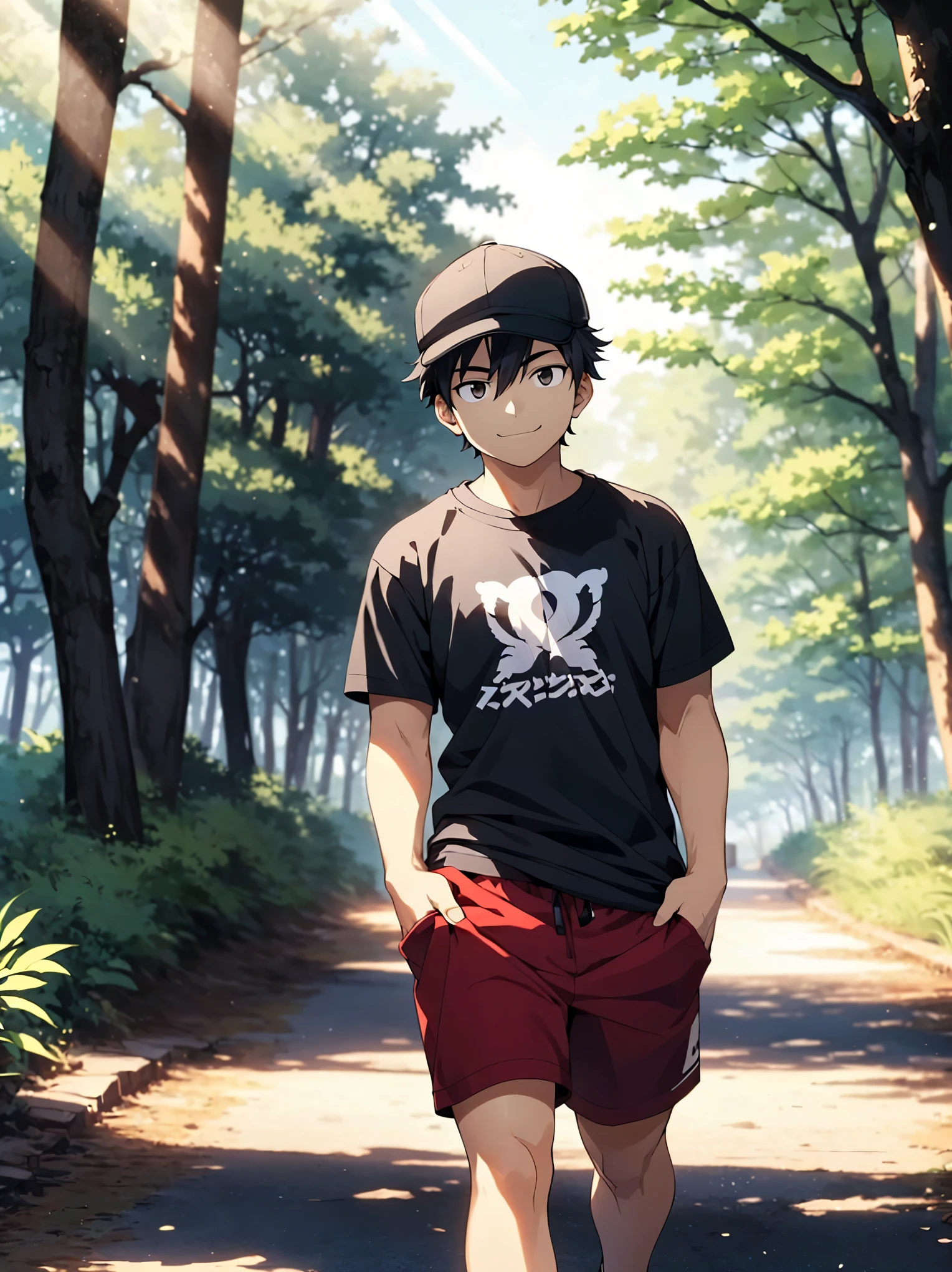 1 boy,smile,cap,t-shirt,Roadside trees,sunlight filtering through the trees,beautiful light,(black eyes,detailed eyes),detailed skin,(masterpiece,best quality:1.4),Top Quality,High quality,Ultra detailed,insanely detailed,anime style