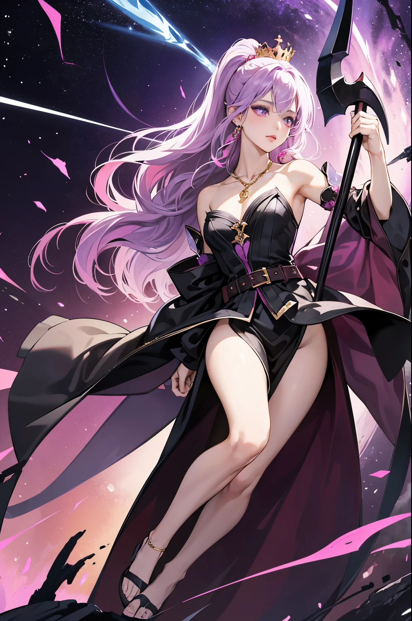 Vampire Queen Battle Suit(Radiant Royal Cape:1.2)Black-purple,(Extremely delicate beautiful eyes and melancholy but arrogant eyes),(Multicolor,Ponytail,Iridescent hair,Colorful hair,Half purple and half pink hair:1.3),( Magic、myth、Fantasy)、(超模figure、Idol、figure、charm、gorgeous、charming、majesty、Sexy devil aura)、Original Characters、masterpiece、Alluring purple eyes、Purple gemstone accessories、Gold belt、Golden necklace、 Wind evil and body floating effect,Soft moonlight,Unique crown,(Tattoo 1;1.25),(Holding a scythe1:1.3),16k wallpaper style,Bare shoulders,cute,Petite,solo,Star,Stardust,Shiny,Body Details、Killing Scene、legend、Keratin Blush、Pink lips、light、Full body close-up、enlarge、Twilight、Dark Magic、Dark elements,Moisturizing,Slippery,Smooth skin,Fighting Stance