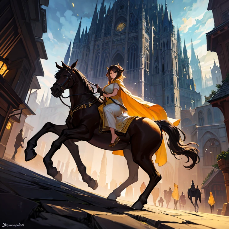A fascinating fantasy painting of a young girl riding a majestic female centaur。,
 The diverse women of Centaur. They are walking through the bustling city,
 Complex architecture and brilliant lights. The girl&#39;s costume is a mix of medieval and modern styles.,
 A loose dress decorated with gold accents、Wearing a trailing cape.
 This female Centaur has a majestic appearance.,
 This scene exudes a fascinating atmosphere.,
 Make your audience feel like they&#39;re part of a magical adventure.