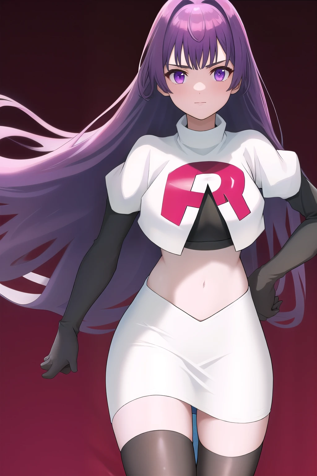 veyle_engage, 1girl, purple eyes, solo, team rocket,team rocket uniform,white skirt,red letter R,crop top,black thigh-highs,black elbow gloves