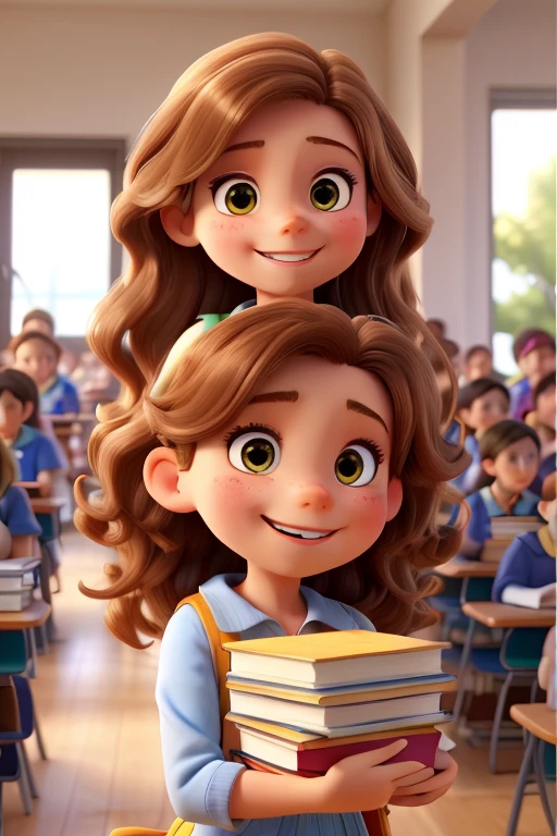 an 8 caucasian girl, with brown, long, wavy hair, with a blue dress, holding a pile of yellow books, giving books to students at school. Happy face expressions. Cute expressions.