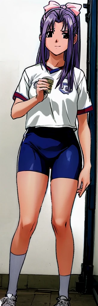 Momoko Koigakubo, a tall girl with beautiful legs, is standing from behind in a white gym uniform and light-colored navy blue bloomers that look like panties.。