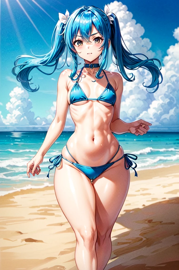 Beautiful Wendy Marvell with (very wide hips:1.5) (small waist:1.3) in small blue bikini (1.4), blue hair in pigtails, (thick thighs:1.25), beach background