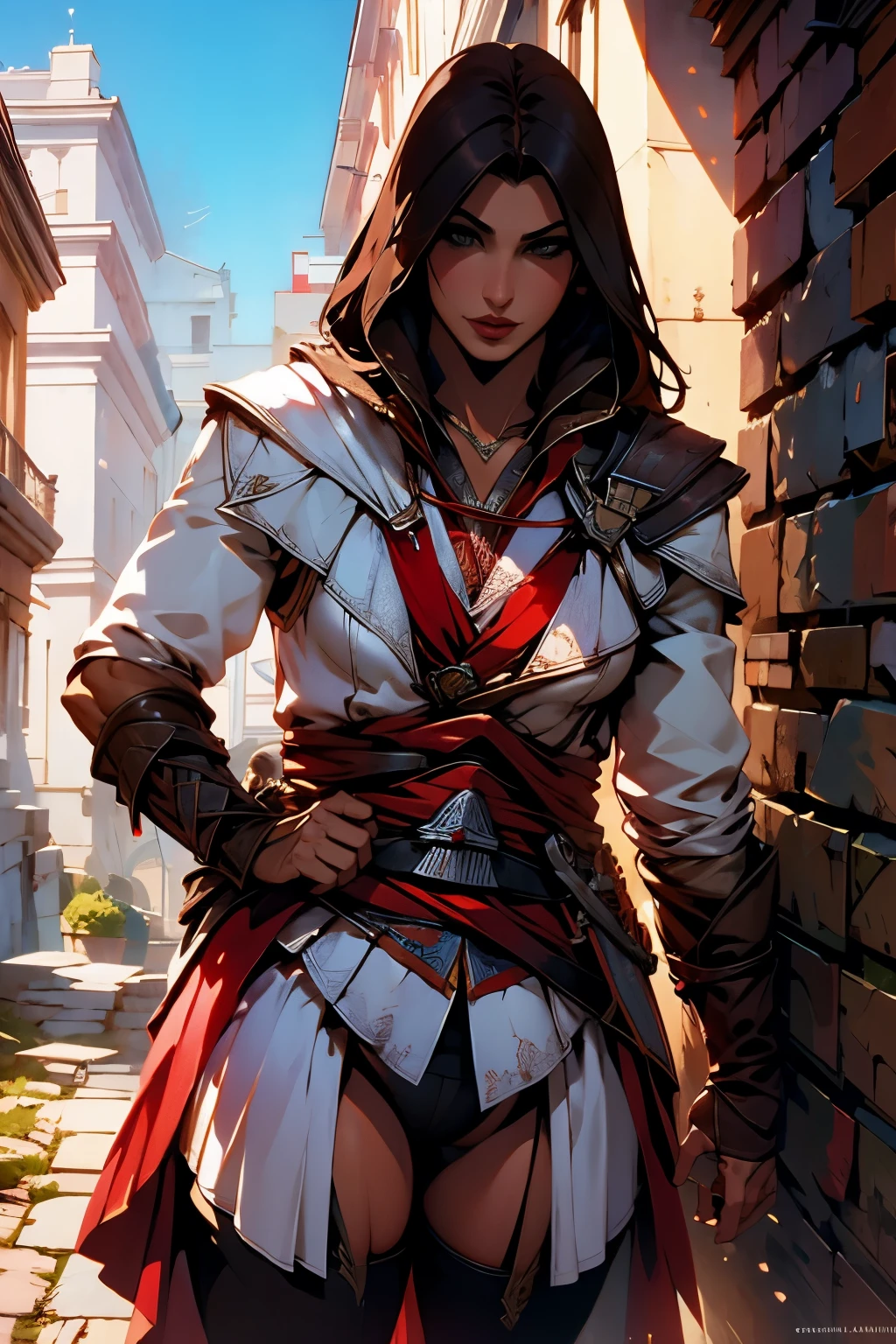 La mujer, Стиль Assassin's Creed, ropa corta, poca ropa, botas hasta la rodilla, Pulseras en las piernas, Ciudad medieval al fondo, Renacimiento, muy detallado, Realistic long-term photography., 4k, pelo largo, brown hair, By the chestnut, labios rojos, nsfw, +18, Chica con traje de Assassin&#39;s Creed Altair con capucha, Assassin symbol&#39;s Creed en la cintura, sexy,red lips, brown eyes, big breasts, pechos grandes, breasts, Lucia Auditore
